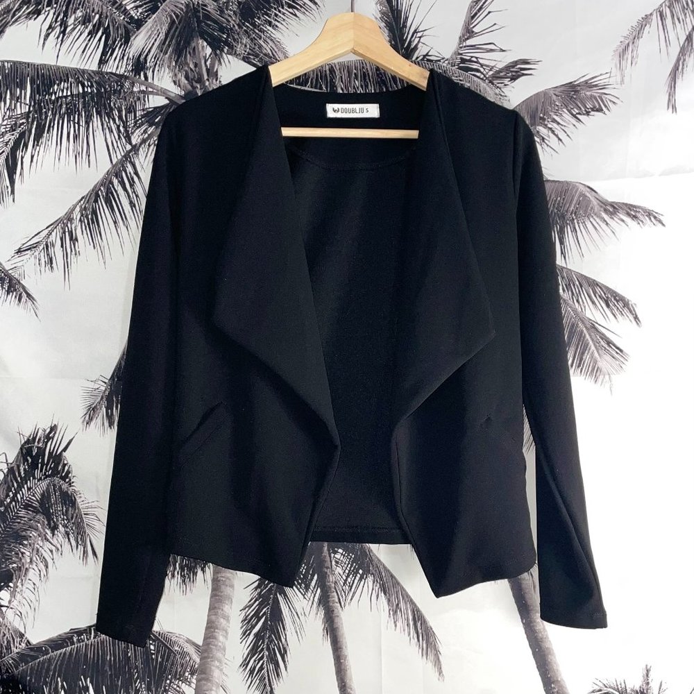 DOUBLJU Womens Black Business Casual Work Draped Blazer with Pockets Size Small